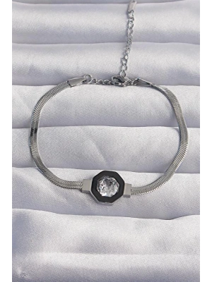 316L Çelik Gümüş Renk Zirkon Taşlı Mineli İtalyan Zincir Serenay Bileklik