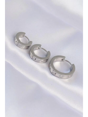 316L Çelik Gümüş Renk Zirkon Taşlı Model 3lü Halka Küpe