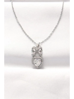 316L Çelik Silver Renk Zirkon Taşlı Kalpli Fiyonk Kolye