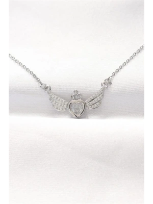 316L Çelik Silver Renk Zirkon Taşlı Kalpli Kanat Kolye