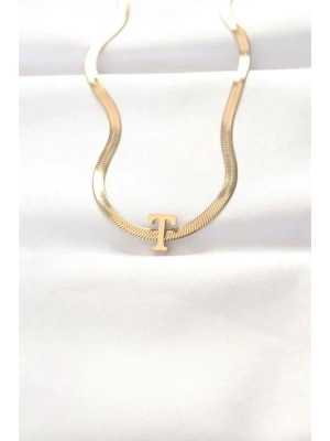 316L Çelik T Harfli Gold Renk İtalyan Zincirli Kolye