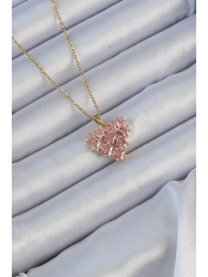 316L Çelik Zincir Altın Renk Pembe Parçalı Zirkon Taşlı Kalp Kolye