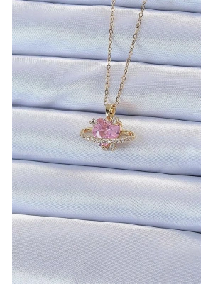 316L Çelik Zincir Altın Renk Pembe Zirkon Taşlı Satürn Görünümlü Kalp Kolye