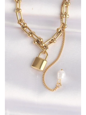 316L Çelik Zincir Altın Renk Zincirli Love Yazılı Kilit Kolye