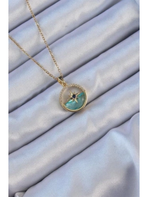 316L Çelik Zincir Altın Renk Zirkon Taşlı Deniz Görünüm Kutup Yıldızı Kolye