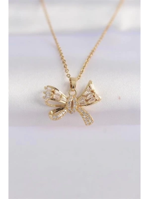 316L Çelik Zincir Altın Renk Zirkon Taşlı Fiyonk Kolye