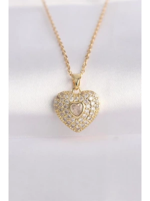 316L Çelik Zincir Altın Renk Zirkon Taşlı Kalp Kolye