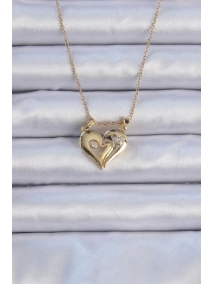 316L Çelik Zincir Altın Renk Zirkon Taşlı Mıknatıslı Kalp Kolye