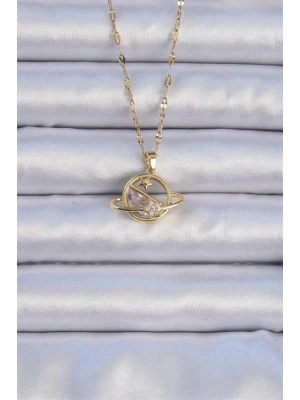 316L Çelik Zincir Altın Renk Zirkon Taşlı Yıldızlı Satürn Kolye