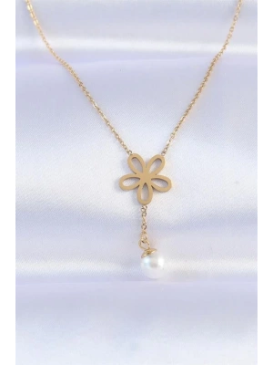 316L Çelik Zincir Gold Renk İnci Detay Çiçek Kolye