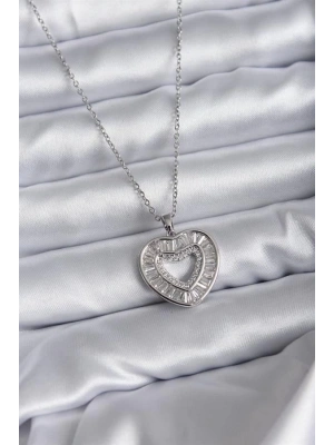 316L Çelik Zincir Gümüş Renk Baget Zirkon Taşlı Kadın Kolye