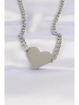 316L Çelik Zincir Gümüş Renk Düz Plaka Kalp Kolye