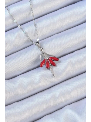 316L Çelik Zincir Gümüş Renk Kırmızı Etekli Zirkon Taşlı Balerin Kolye