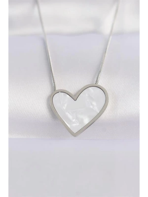 316L Çelik Zincir Gümüş Renk Mermer Desenli Kalp Kolye