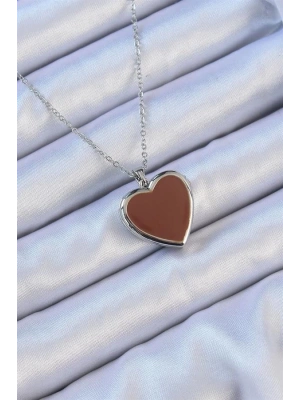 316L Çelik Zincir Gümüş Renk Mineli İçi Açılan Kalp Kolye