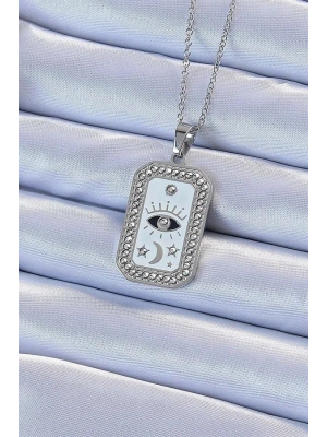 316L Çelik Zincir Gümüş Renk Mineli Zirkon Taşlı Göz Figür Tarot Kolye