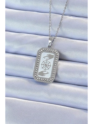 316L Çelik Zincir Gümüş Renk Mineli Zirkon Taşlı Göz Figür Tarot Kolye