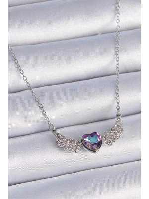316L Çelik Zincir Gümüş Renk Mor Zirkon Taşlı Kanatlı Kalp Model Kadın Kolye