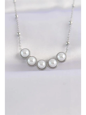 316L Çelik Zincir Gümüş Renk Sıralı İnci Taşlı Kolye