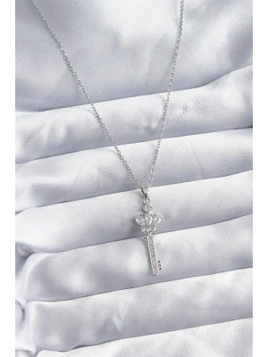 316L Çelik Zincir Gümüş Renk Zirkon Taşlı Anahtar Model Kadın Kolye