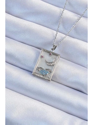 316L Çelik Zincir Gümüş Renk Zirkon Taşlı Ay Figürlü Tarot Kolye