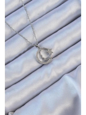 316L Çelik Zincir Gümüş Renk Zirkon Taşlı Ay Yıldız Simgeli Atatürk Kolye