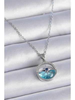 316L Çelik Zincir Gümüş Renk Zirkon Taşlı Deniz Görünüm Kutup Yıldızı Kolye