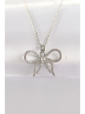 316L Çelik Zincir Gümüş Renk Zirkon Taşlı Fiyonk Kolye