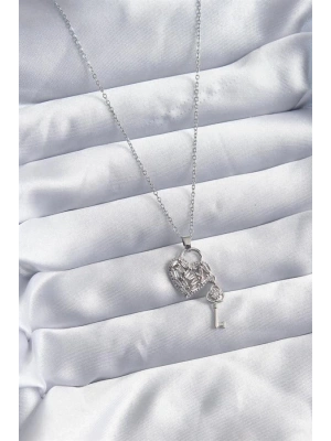 316L Çelik Zincir Gümüş Renk Zirkon Taşlı Kalp & Anahtar Model Kadın Kolye