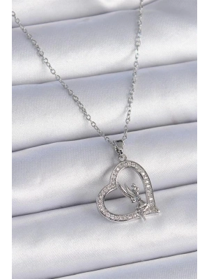 316L Çelik Zincir Gümüş Renk Zirkon Taşlı Kalp Model Melek Detay Kadın Kolye