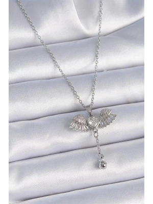 316L Çelik Zincir Gümüş Renk Zirkon Taşlı Kanat Model Sallantı Detay Kadın Kolye