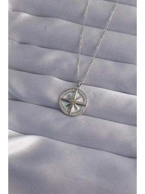 316L Çelik Zincir Gümüş Renk Zirkon Taşlı Kutup Yıldızı Kolye