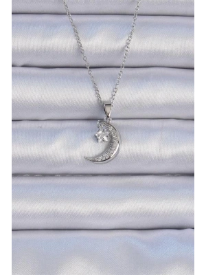 316L Çelik Zincir Gümüş Renk Zirkon Taşlı Sallantılı Ay Yıldız Kolye