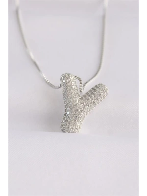 316L Çelik Zincirli Zirkon Taşlı Y Harfli Silver Renk Bubble Kolye