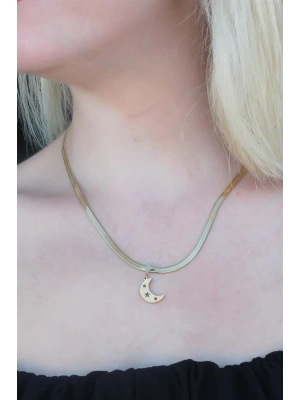 316L Kararmaz Çelik Gold Renk İtalyan Zincirli Hilal Model Kadın Kolye