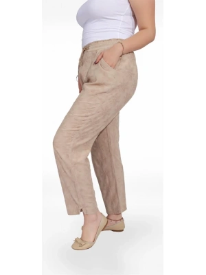 325001 BELİ LASTİKLİ DANTEL ÇİÇEK DESENLİ KETEN KADIN PANTOLON BEJ