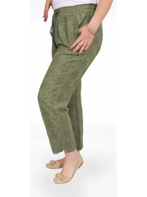 325001 BELİ LASTİKLİ DANTEL ÇİÇEK DESENLİ KETEN KADIN PANTOLON HAKİ