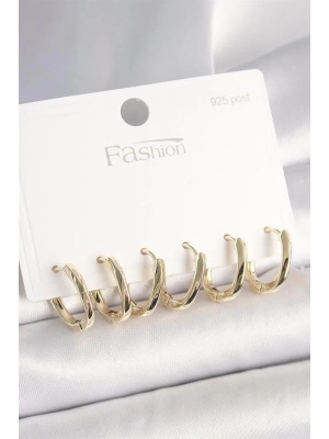 925 Ayar Gümüş Çivi Pirinç Gold Renk Oval Halka Model Kadın Küpe Seti