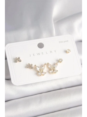 925 Ayar Gümüş Çivi Pirinç Gold Renk Zirkon Taşlı Kelebek Model Kadın Küpe Seti