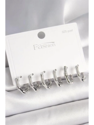 925 Ayar Gümüş Çivi Pirinç Gümüş Renk Bambu Halka Model Kadın Küpe Seti