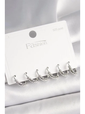 925 Ayar Gümüş Çivi Pirinç Gümüş Renk Kalp İşlemeli Halka Model Kadın Küpe Seti