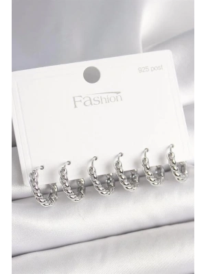 925 Ayar Gümüş Çivi Pirinç Gümüş Renk Sarmal Halka Model Kadın Küpe Seti