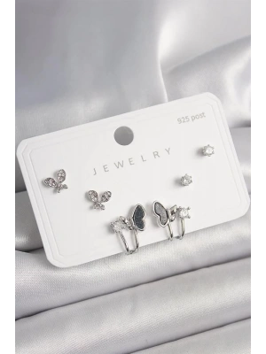 925 Ayar Gümüş Çivi Pirinç Gümüş Renk Zirkon Taşlı Kelebek Model Kadın Küpe Seti