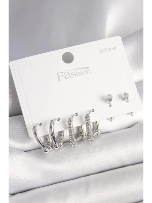 925 Ayar Gümüş Çivi Pirinç Gümüş Renk Zirkon Taşlı Tiffany Halka Model Kadın Küpe Seti