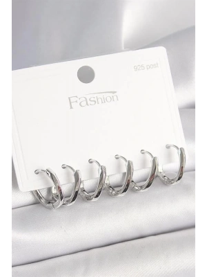 925 Ayar Gümüş Çivi Pirinç Oval Halka Model Kadın Küpe Seti