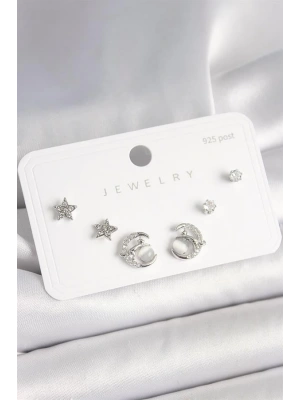 925 Ayar Gümüş Çivi Zirkon Taşlı Hilal Yıldız Model Kadın Küpe Seti