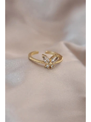 Ayarlamalı Altın Renk Metal Zirkon Taş ve Kristal Taşlı Kelebek Model Yüzük