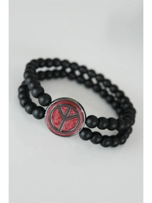 Barış Figürlü Bordo Renk Füme Metal Aksesuarlı Çift Sıra Oniks Doğal Taş Erkek Bileklik