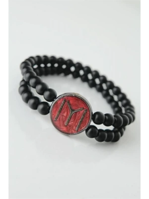 Bordo Metal Üzerine Füme Kayı Boyu Figürlü Siyah Renk Çift Sıra Doğal Taş Erkek Bileklik