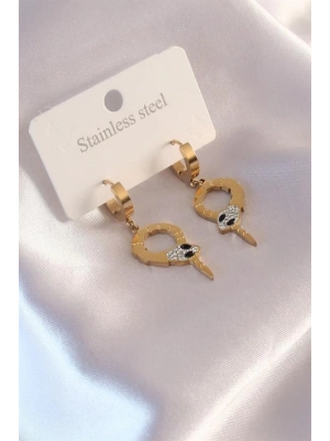 Çelik Gold Renk Yılan Figür Zirkon Taş Detay Kadın Küpe